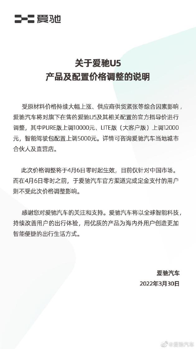 爱驰U5涨价5千到1.2万元不等 4月6日零时生效