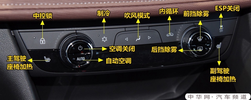 别克GL6空调按钮图解，GL6空调除雾和暖风开启方法