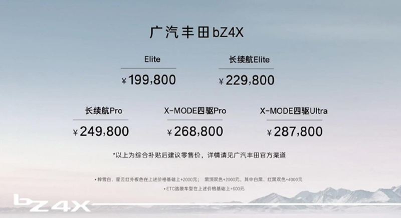广汽丰田bZ4X上市 补贴后售价19.98万-28.78万元