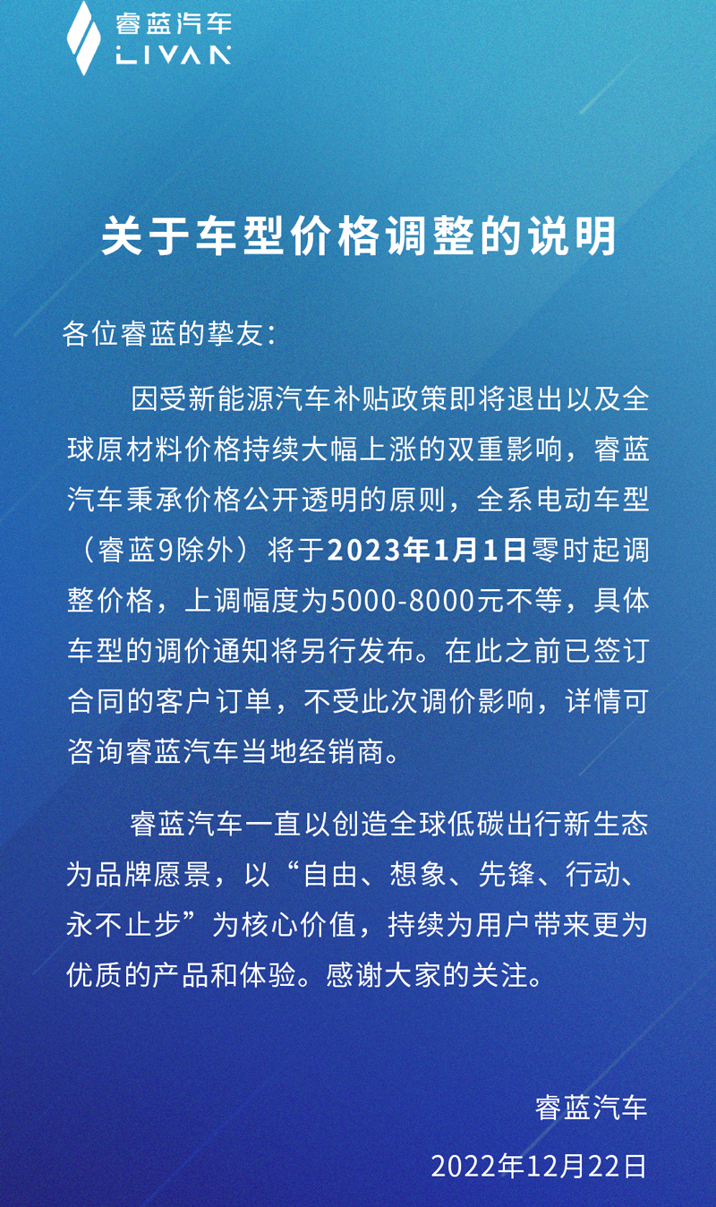 1月1日起实施 睿蓝汽车部分车型涨价5,000元起
