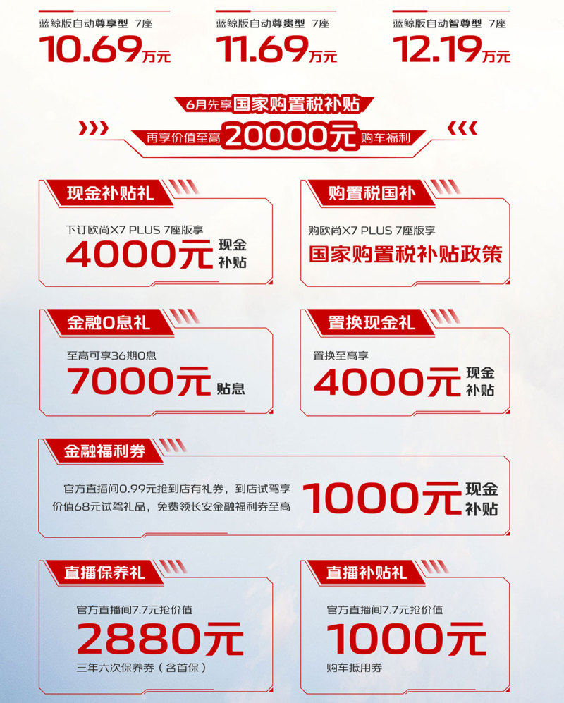 欧尚X7 PLUS七座版上市 售10.69万元-12.19万元