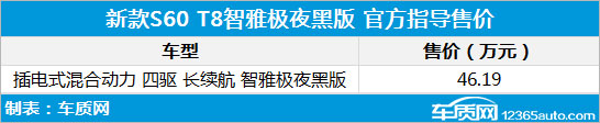 新款S60 T8智雅极夜黑版上市 售价46.19万元