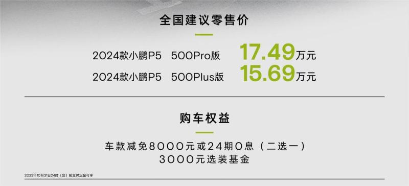 2024款小鹏P5正式上市 售价15.69-17.49万元 