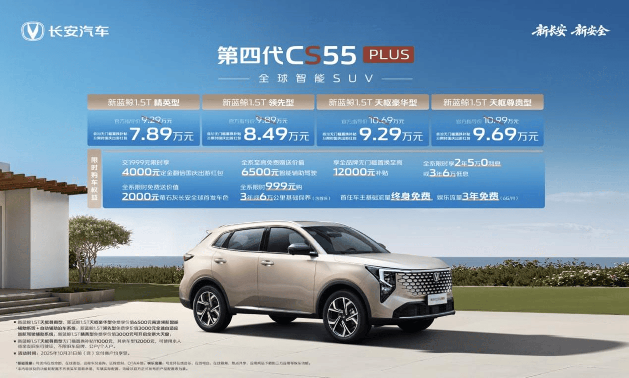 优惠后7.89万起 搭天枢驾驶辅助+新蓝鲸动力 第四代CS55PLUS发布