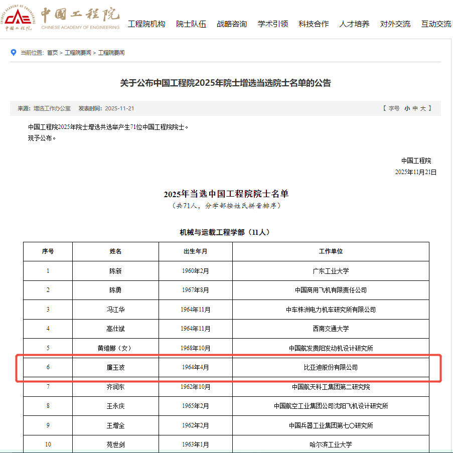 比亚迪集团首席科学家廉玉波当选中国工程院院士 比亚迪集团首席科学家廉玉波当选中国工程院院士