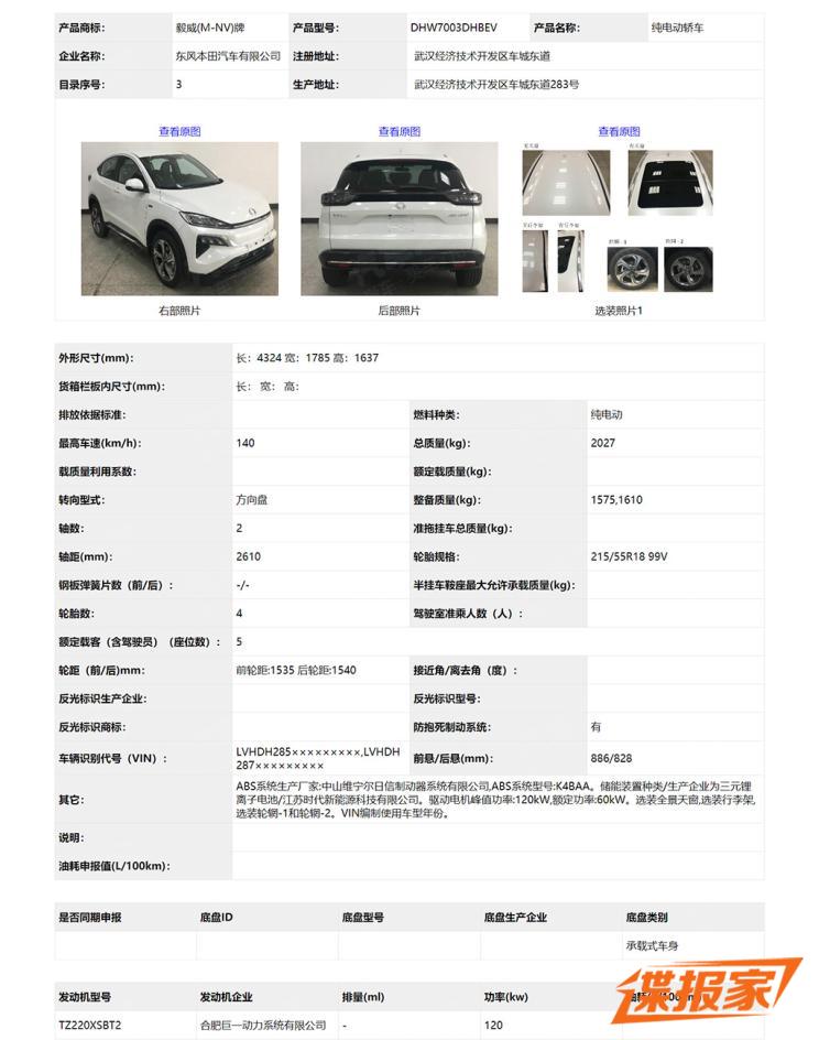 小型纯电动SUV 东风本田M-NV将于广州车展上市