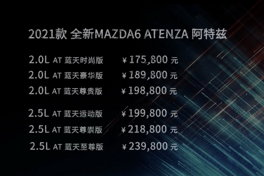 一汽马自达 2021款全新MAZDA6阿特兹上市 售17.58—23.98万